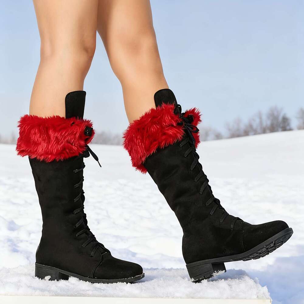 Women's Thick Platform Heel, Slip-Resistant Rubber Sole, Lace-Up Ankle For Cold Weather, Motorcycle Riding, Everyday & Formal Events Red/Black/ -