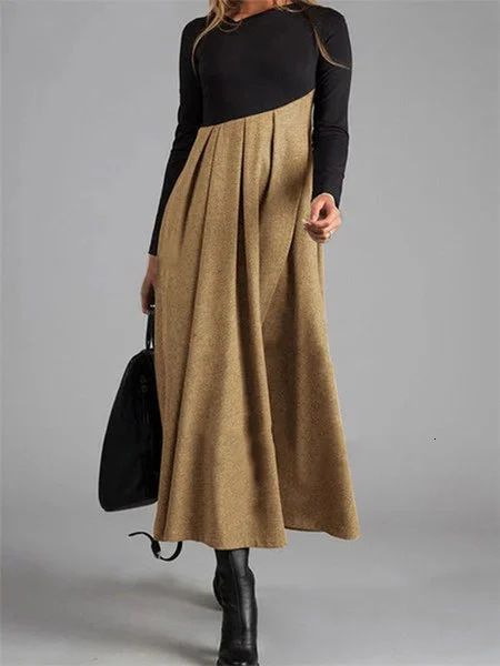 New fashion designer autumn and winter wool dress color blocked V-neck long sleeved applique flared skirt for women long sleeved
