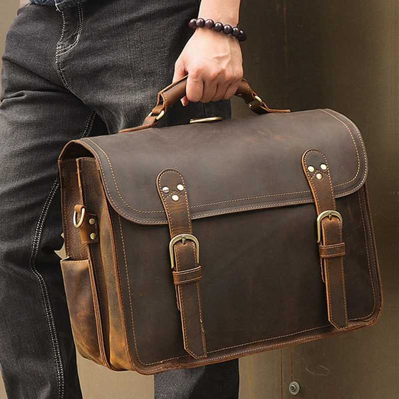 Vintage Crazy Horse Genuine Leather Men Briefcase Large Business Bag Tote Office Bag 156Laptop Case attache Male Shoulder Bag W251022