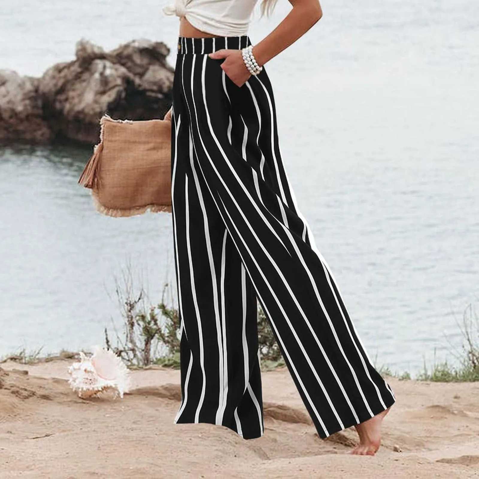 Women High Waist Wide Leg Striped Pants Fashion Button Casual Beach Pants Summer Loose Palazzo Trousers Y2k Lounge StreetwearT251022