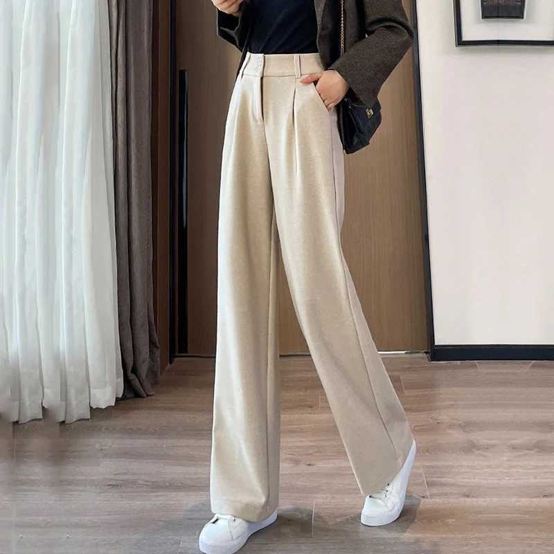 2024 Autumn Winter Women Concise Woolen Pants Lady Wide Leg Designer Outside Trousers Female Thicken High Waisted Draping PantsT251022