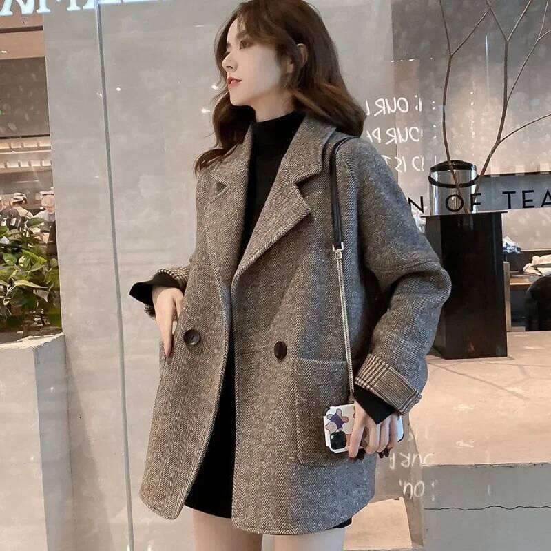 Autumn Hot Sale Of The Season Ladies' Casual British Style Woolen Suit Jacket Loose Fit Slimming Outerwear Pure Color Full Sleev