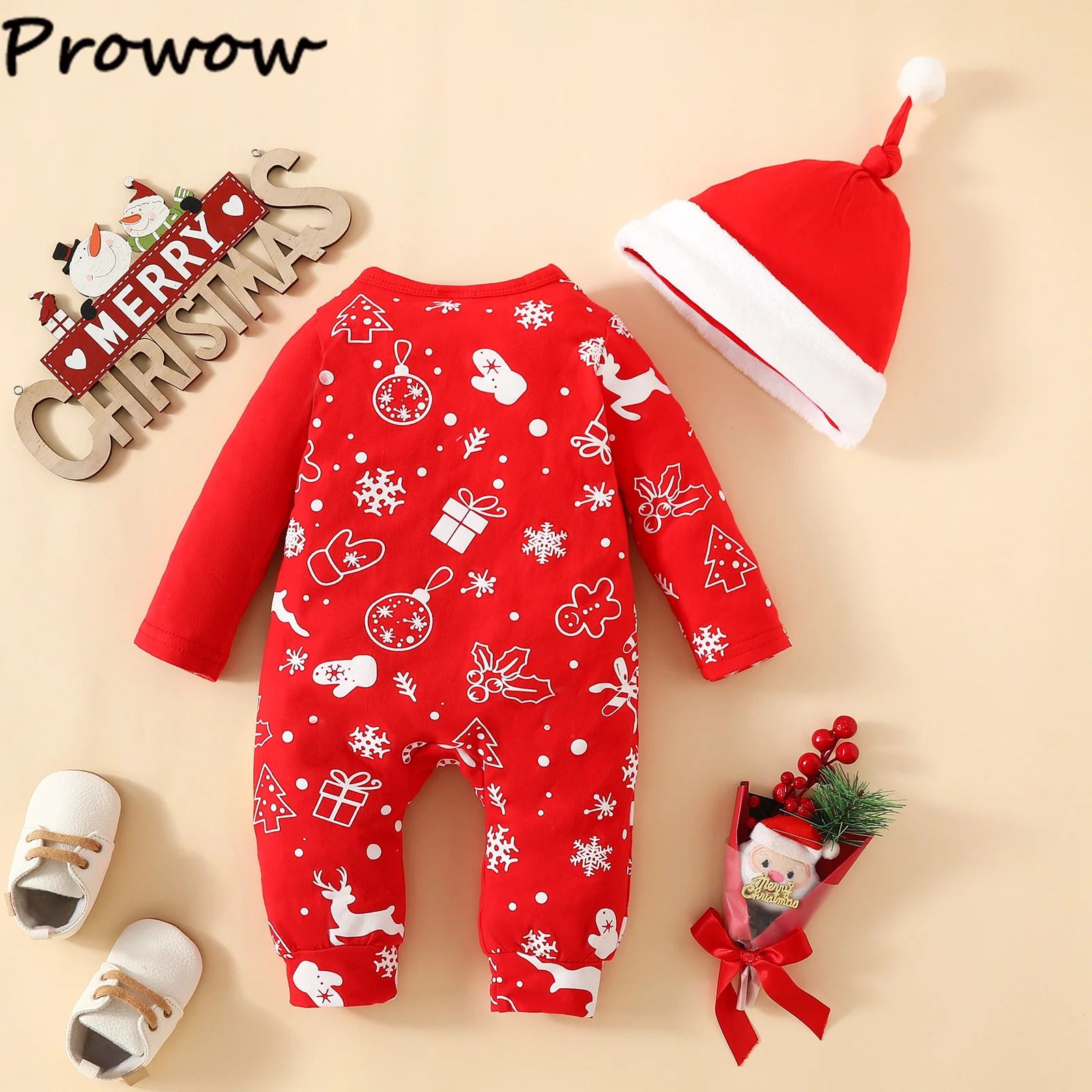 Prowow 2pcs My First Christmas Baby Clothes Long Sleeve Cute Cartoon Deer Jumpsuit and Xmas Hat Year Bbay Romper 251022