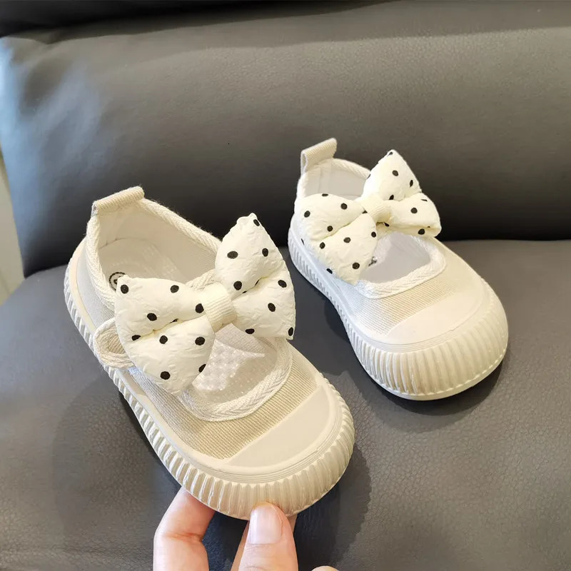 Girls Fashion Shoes Canvas Sneaker Kids Polka Dot Bow Princess Flats Breathable Baby Student Soft Sole Casual Spring 251022