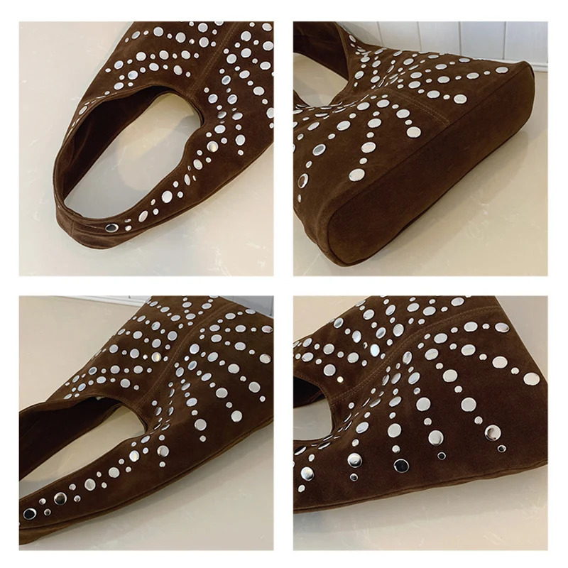 Suede Polka Dot Rivet Underarm Shoulder BagMetal Studded Women HandbagVintage Motorcycle Punk Style Tote BagAutumnWinter 251018