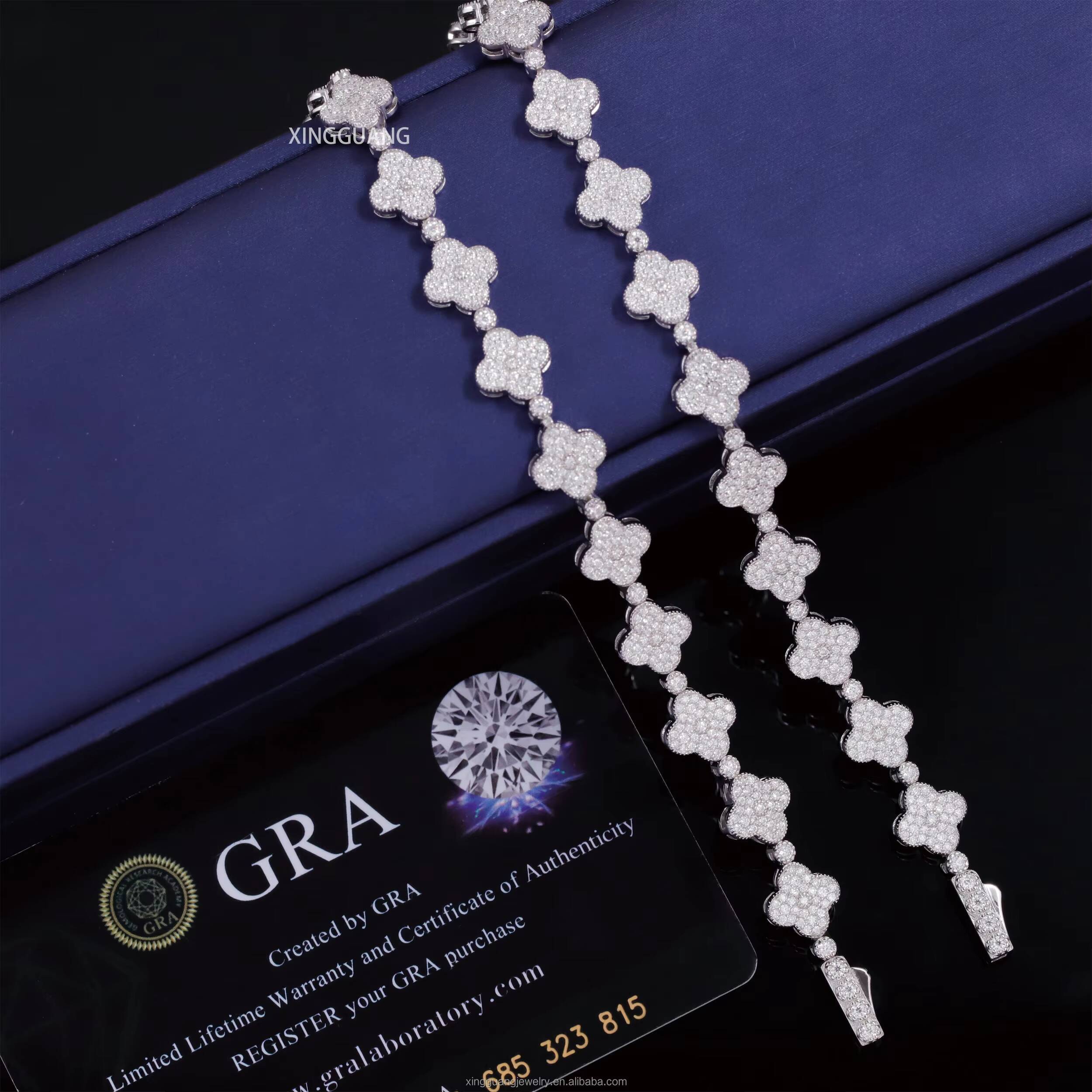 Hip Hop Style 925 Sterling Silver 9mm VVS1Moissanite Diamond Clover Bracelet Tennis Chain Come with GRA Certificate