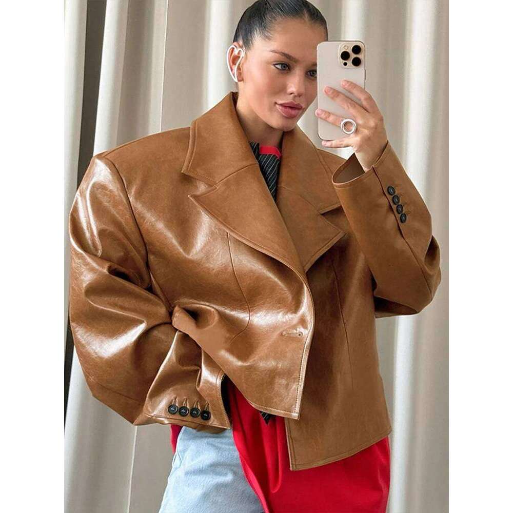 Retro PU Leather Short Jacket Women 2025 Chic Street Pad Shoulder Lapel Single Breasted Jackets Coat Female Casual Loose Outwear