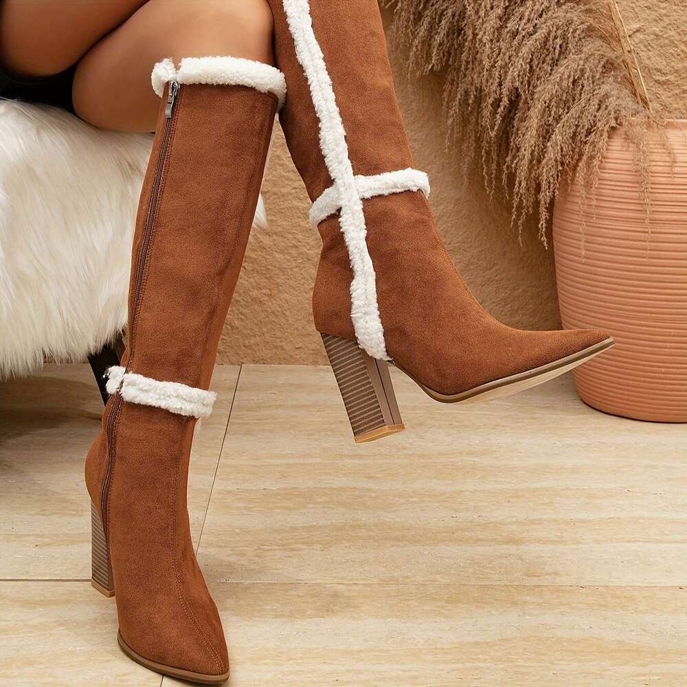 Women's Block Heeled Knee High Fashion Point Toe Plush Lined Boots, Comfortable Side Zipper Boots