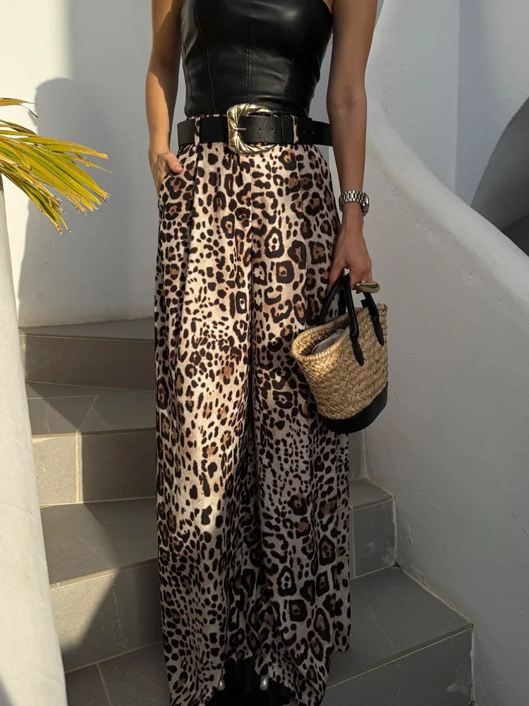UNIZERA Leopard Satin with Belt High Waisted Trousers Wide Leg Pants Womens Clothing 2025 Summer Arrivals Casual Pants 251022