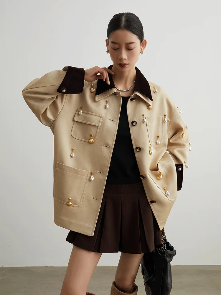 Elegant Women Pearl Embellished Jacket Long Sleeve Button Down Pocket Coat Contrast Collar Vintage Style Outerwear for Ladies251022