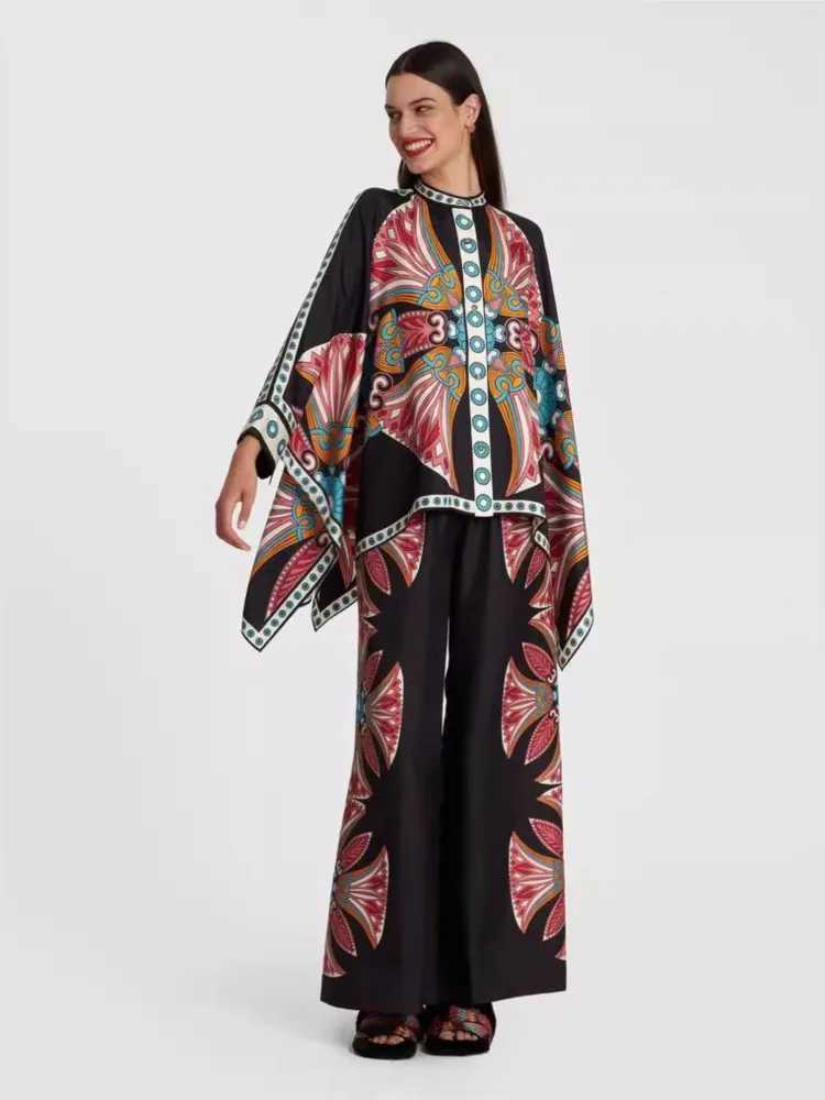 Vintage Print Pants Sets Women Irregular Loose Long Sleeve Shirt Wide Leg Trousers Two Piece Set Female Fashion Trend StreetwearT251022