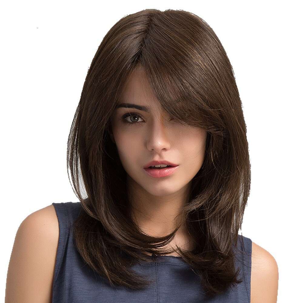Full Wig Dark Brown Side Part Long Straight Matte High Temperature Fiber Age-Reducing High-Layered Collarbone Hair