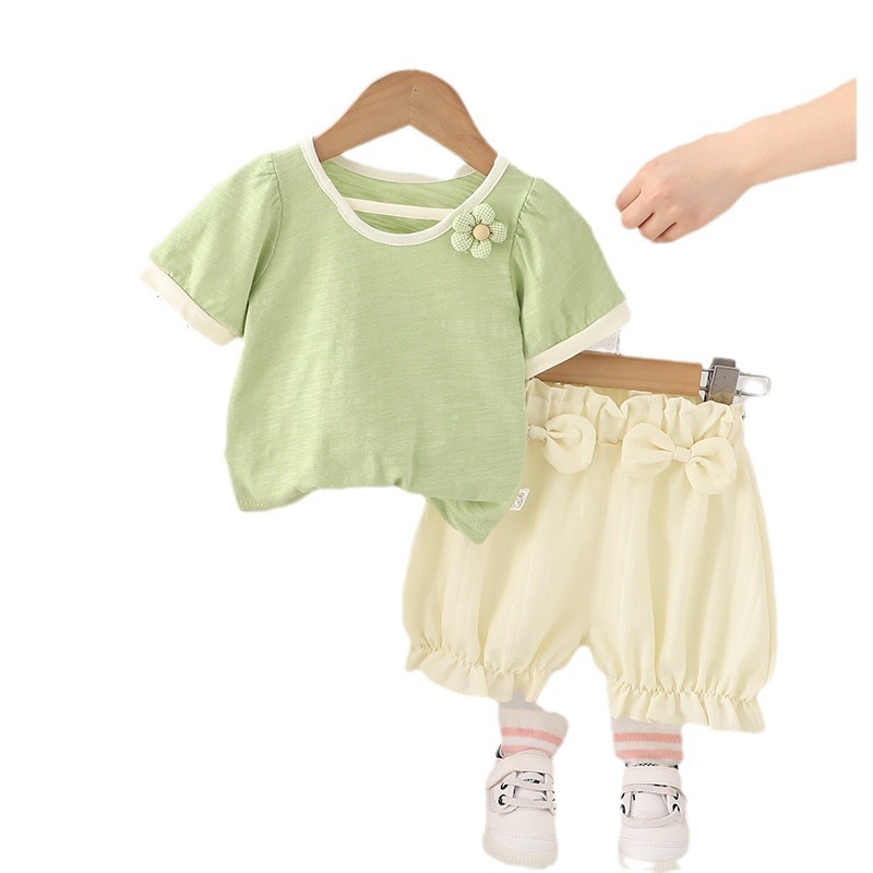 Cute Floral Bow 2-Piece Set, Girls Summer Shorts Outfit, Breathable Cotton Clothes for Toddler