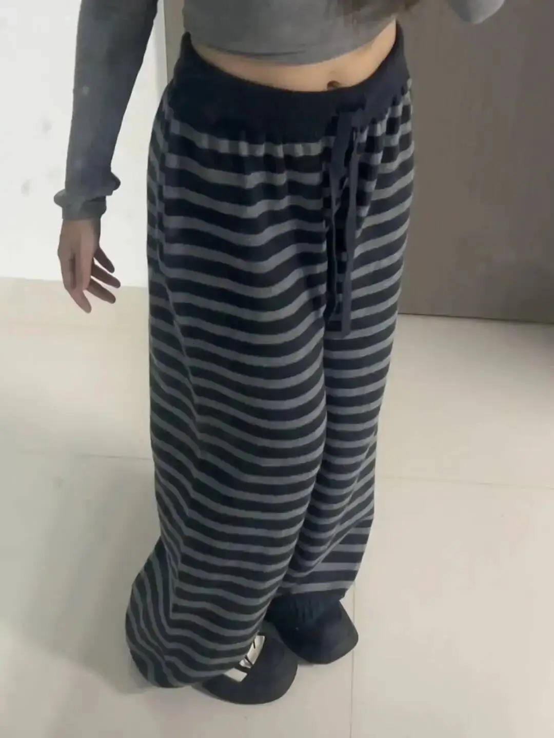 Harajuku Contrast Color Stripe Wide Leg Trousers Vintage Grunge Loose Knitted Casual Pant Y2k Aesthetic Women Straight Pants 251017