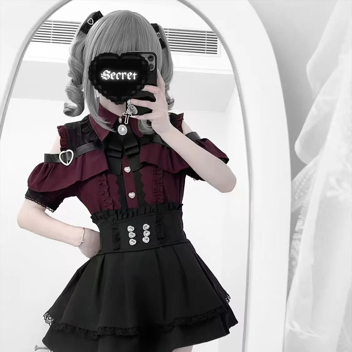 Sweet Gothic Lolita Two Piece Set Off Shoulder Blouse High Waist Skirt Kawaii Tricolor Lace Coord Outfit for Women Teens 251016