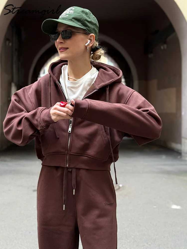 Women Tracksuits Winter Fleece Sweatsuit Brown Warm Crop Zipper Hoodies And Sweatpants Set For Women 2 Piece Velvet Pants SetsT251022