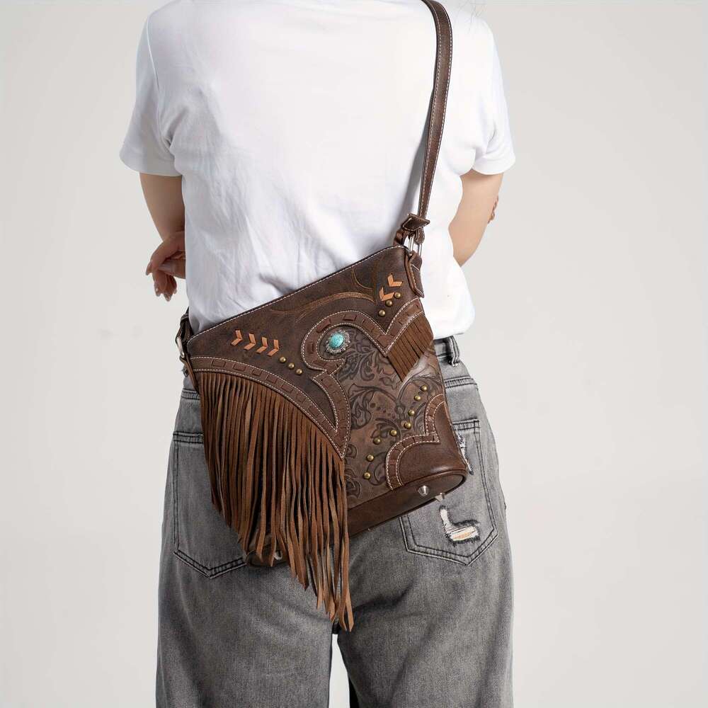 Women's Cowboy Crossbody With Fringe Tassel Decorations Adjustable Strap, Zipper Closure, Hardware, Turquoise Bead Accent Synthetic Faux Leather 