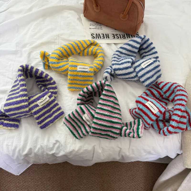 Korean Stylish Teddy Velvet Stripes Scarf Women Men Autumn Winter Warm Perforated Knitted Small Scarves Female Thermal Muffler J251022