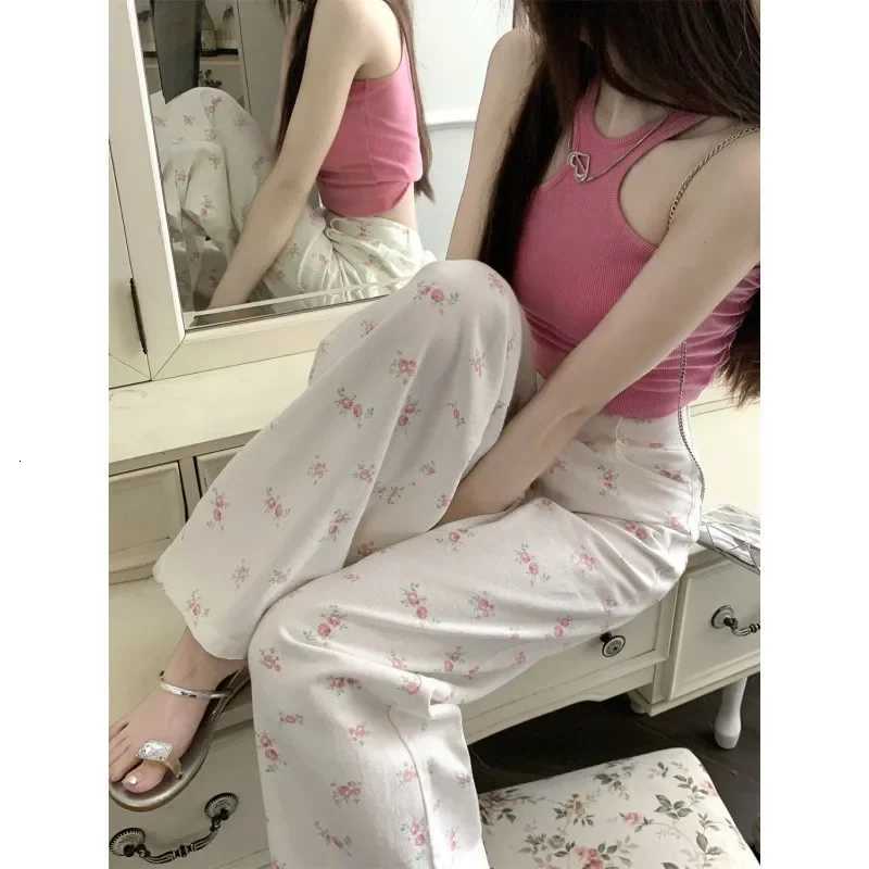 White floral straight jeans womens early autumn new thin loose high waist covered Joker slim casual wideleg pants jeansT251022