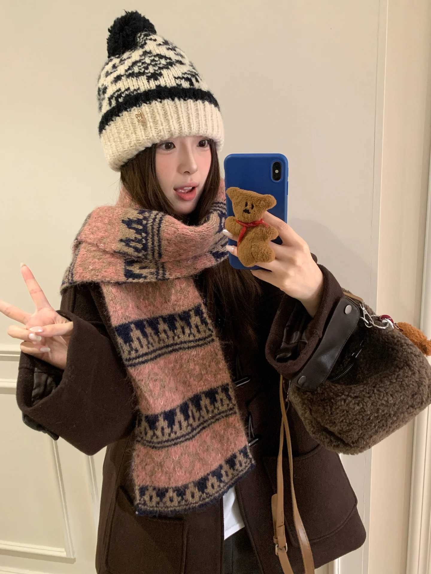 Brown HighEnd Fair Lsle Style Knitted Scarf For Women Thickened And Warm For Autumn And Winter Korean Version Outdoor Use J251022