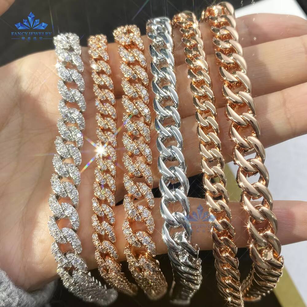 White Gold Rose Gold Plated Full Setting Diamond Miami Cuban Chain 925 Silver 6mm 1rows Moissanite Diamond Chain for Men