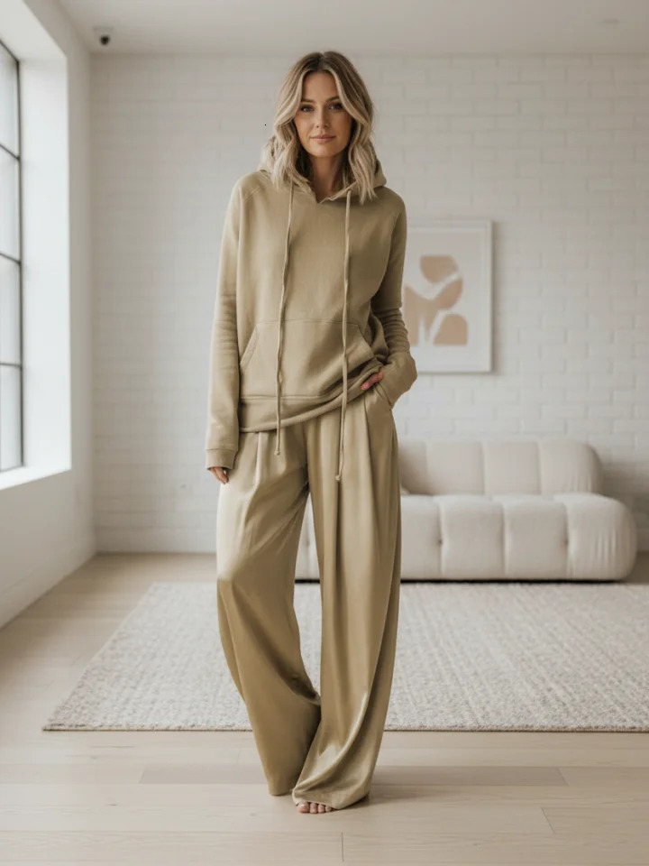 Onecozyday High Waist Wide Leg Pants and Long Sleeves Hooded Sweatshirt 2025 Loose Fit Casual Twopiece Sets for Women 251010