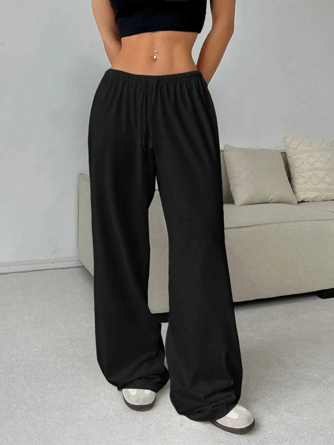 Elegant Solid High Waist Baggy Pants Fashion Women Loose Drawstring Pocket Wide Leg Pants Casual Sweatpant Streetwear TrousersT251022