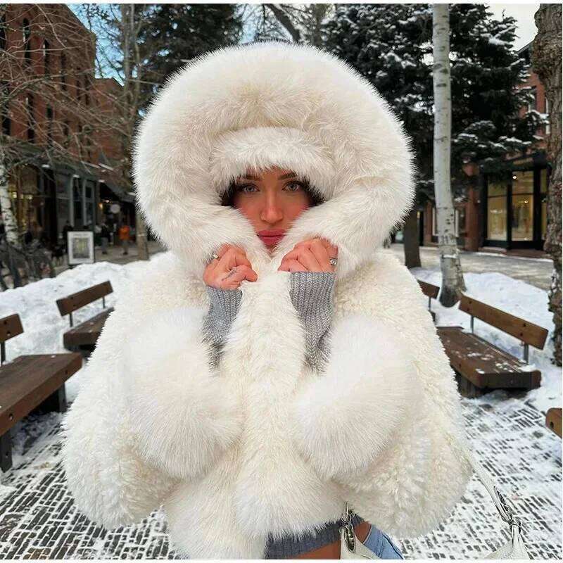 Casual Faux Fur Hooded Coat Women Fashion High Street Fluffy Big Collar White Snow Jackets Winter Warm Oversized Thick Outwear