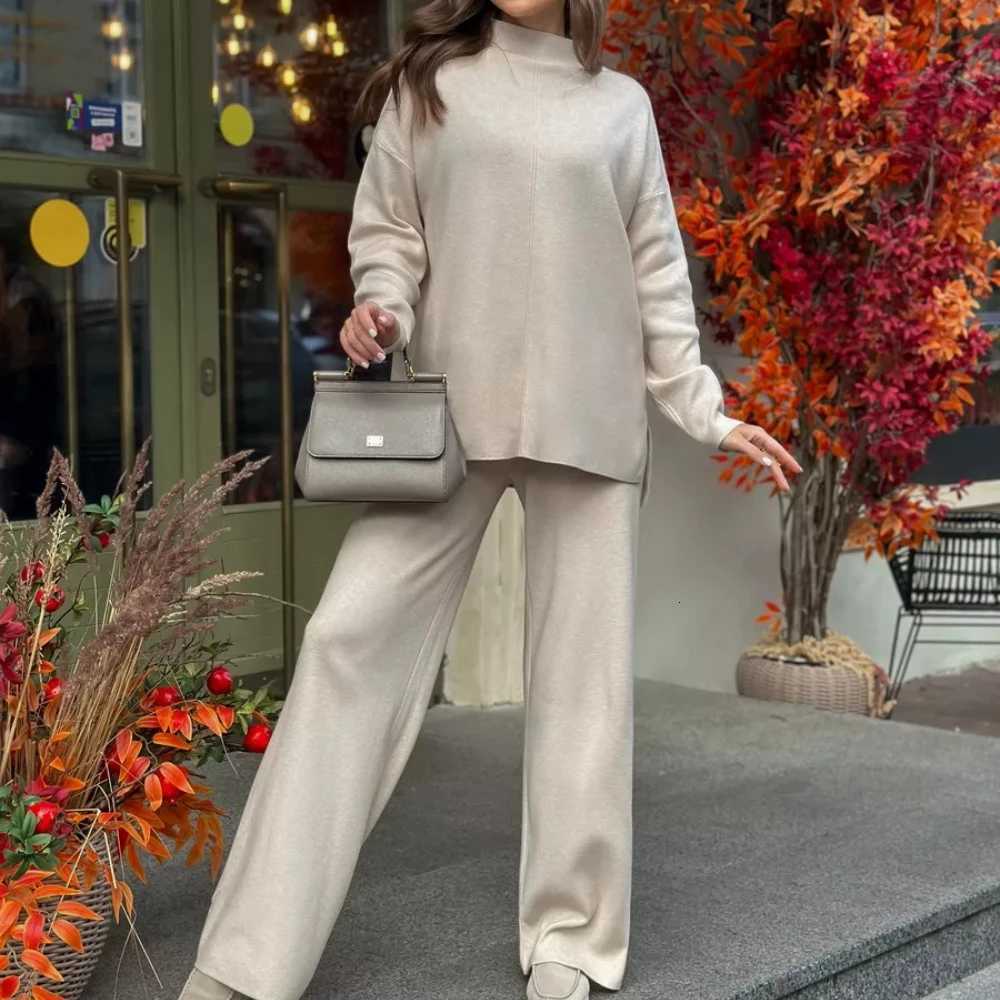 Knitting 2 Piece Set Women Pullover Sweater Pants Suit Knitted Top Half High Collar Jumpers Trousers Outfits Autumn WinterT251022