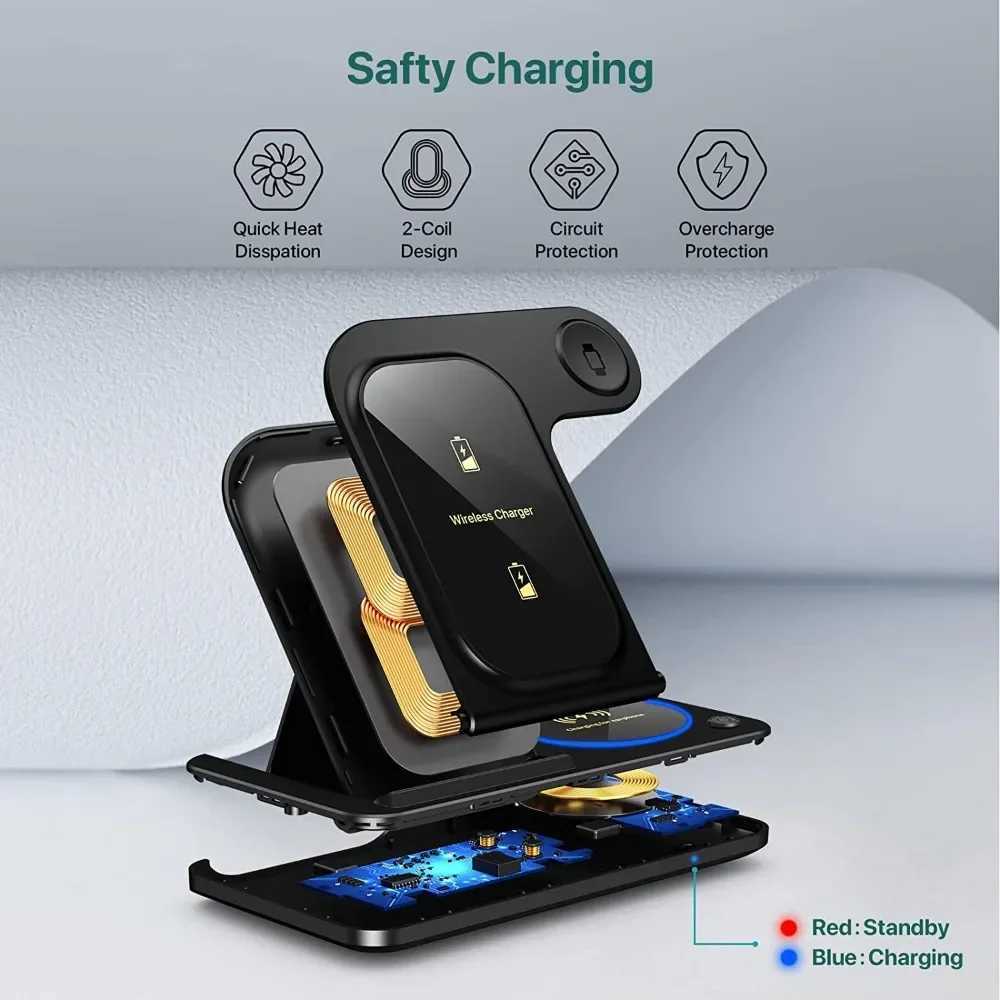 30W LED Fast Wireless Charger Stand 3 in 1 Foldable Charging Station for IPhone 15 14 13 12 11 Watch 9 8 7 6 5 Airpods Pro J251114