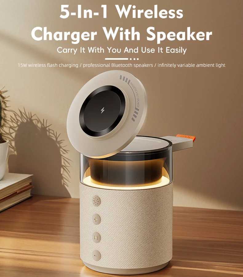 5in1 Magnetic Wireless Charging Station with Wireless Speaker Night Light Fast Charger for iPhone iWatch AirPods With Speaker J251114