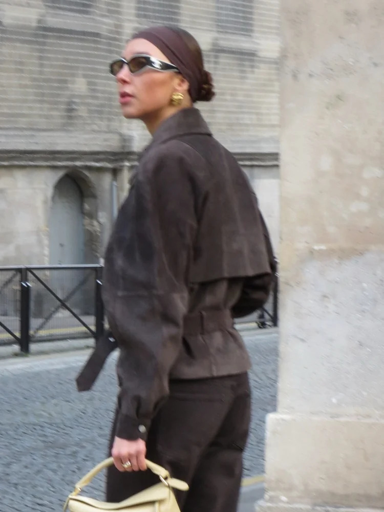 Belts Vintage Womens Suede Jacket Coat Chic Zipper Lapel Long Sleeve Motorcycle Outwear Spring Street Chic Lady Top Coats 251020