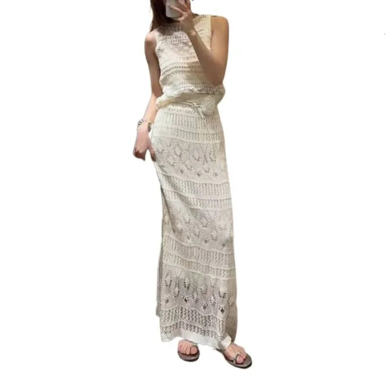 Summer Korean Knitted Lace Hollow out Vest Set Pure Desire Long Skirt Two Piece Set Floor Length Evening Gown 251020