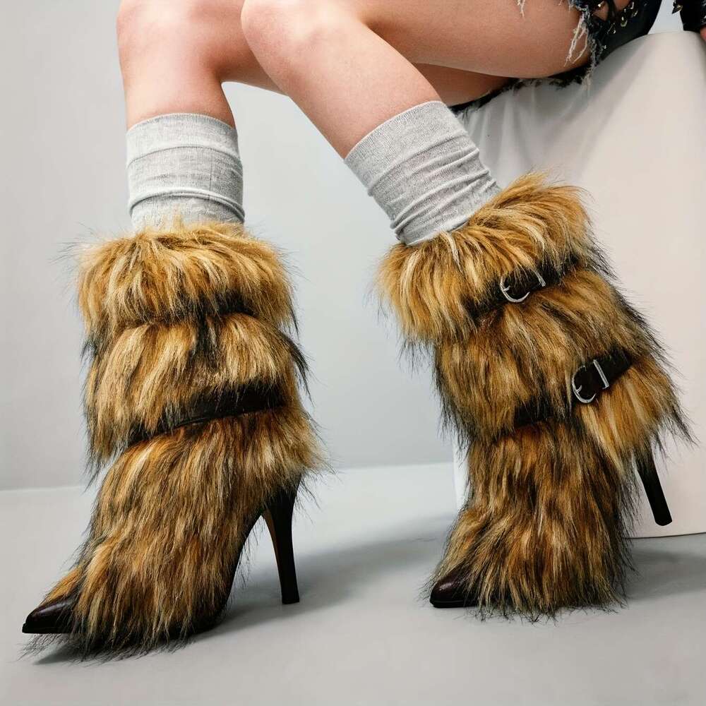 Women's Punk Style Faux Fur Fluffy Pointed Toe Stiletto Ankle Plush Lining Warm Winter Snow Boots With EVA Insole & Non-Slip Rubber Sole, Cozy Fu