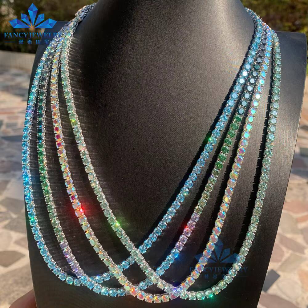 Colorful Moissanite Chain Red Green Blue Yellow Pink Diamond 5mm Gold Plated Chain 925 Silver Tennis Link Necklace for Man Women