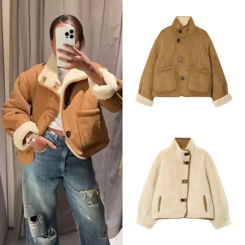 Tidalyf Women Reversible Fleece Jacket DoubleSided Wear Long Sleeve Stand Collar Button Coat with Pockets Casual Warm 251021