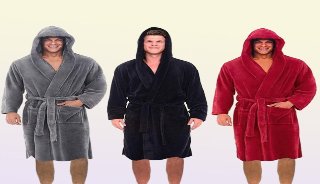 Mens Robes Men Casual Bathrobe Autumn Winter Solid Hooded Towel Soft Gown Midi Robe Nightgown Male Loose Home Wear 2208268105204