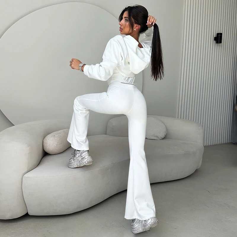 CUTENOVA Women Fall New SolidColor Fishbone Vest Hooded LongSleeve Jacket Flared Pants ThreePiece Set Chic Streetwear SuitT251022