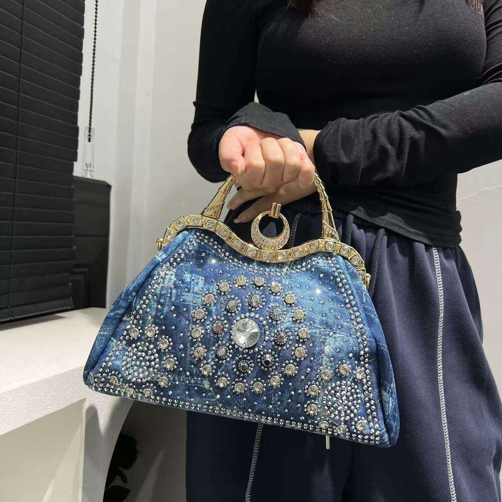 Women's Elegant Y2k Street Style Blue Floral Rhinestone Bag With Detachable Strap & Clasp Closure - Versatile For Work, Commuting, Dating, Partie