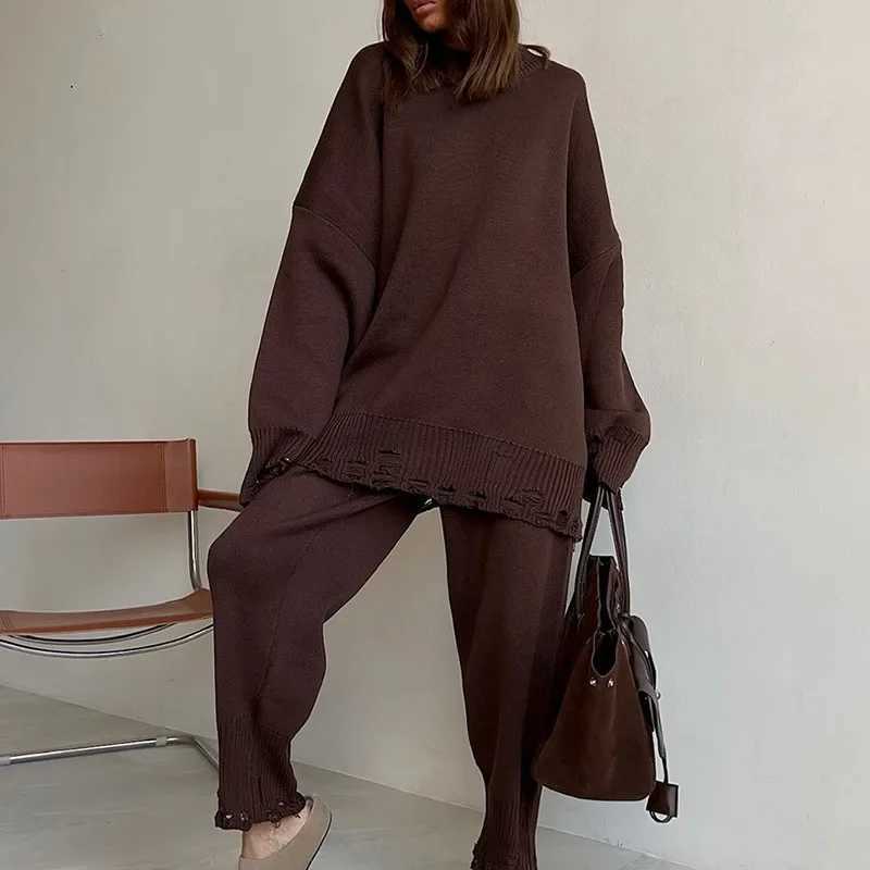 Elegant Oneck Pullover Long Pant Sweater Outfits Women Casual Long Sleeve Loose 2 Piece Suit Fashion Ripped Knitted Solid SetT251022