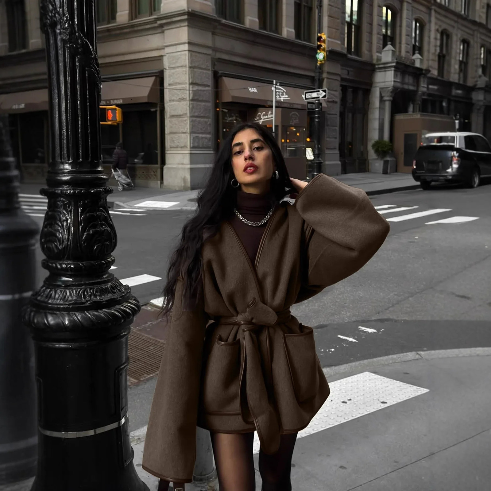 CrossBorder Fashionable WaistBelt Splicing Open Cardigan Loose Pocket Coat MediumLength Womens Jacket VNeck Winter Thickene 251017