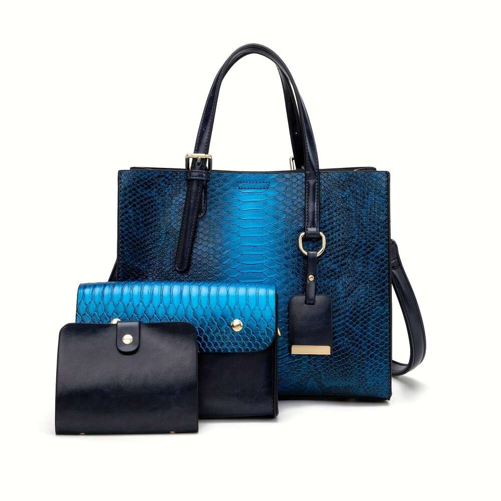 3-Piece Set Women's Crocodile Pattern Handbags, Stylish Faux Leather Tote With Matching Clutch & Wallet, Vintage Design Crossbody Bag