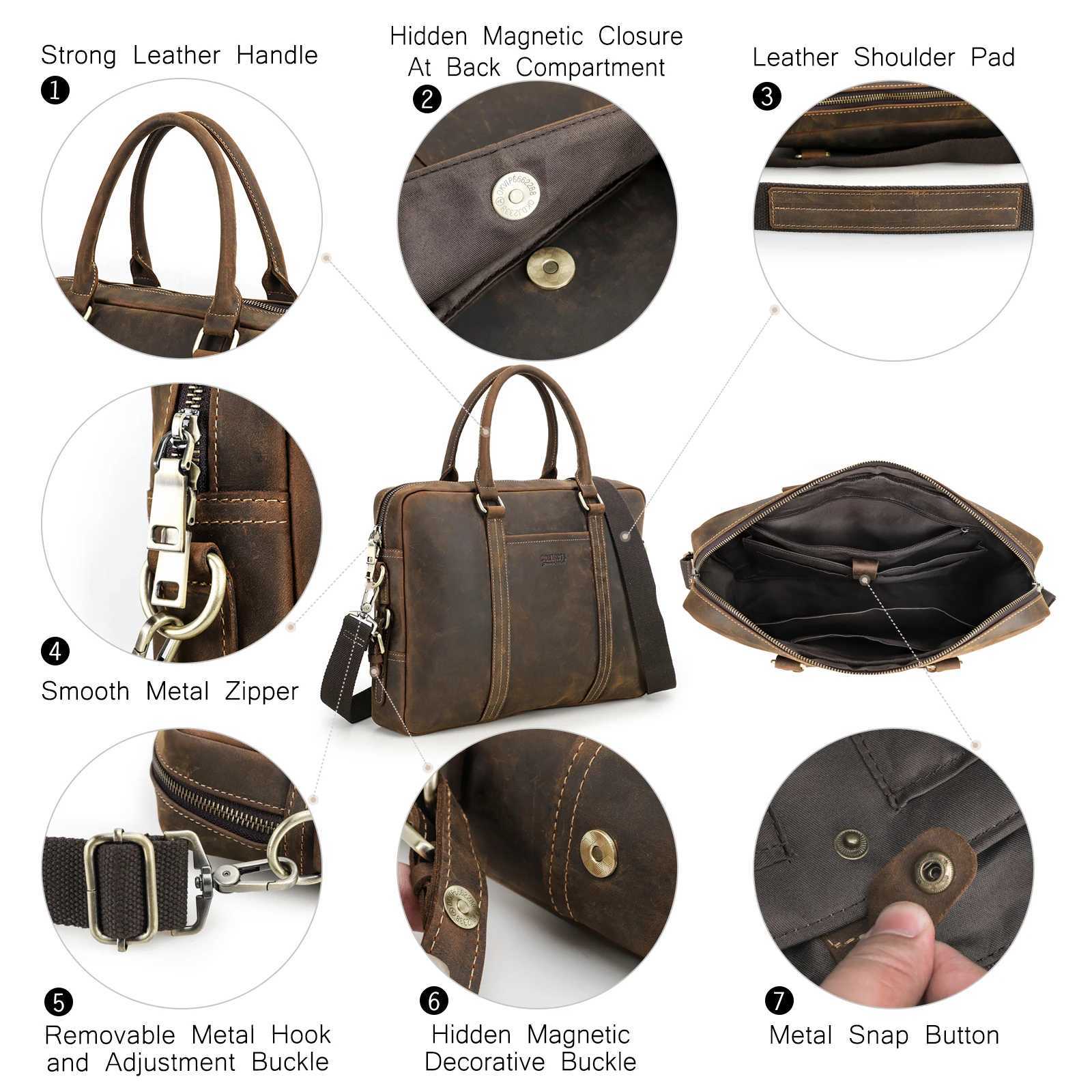 Genuine Crazy Horse Leather Men Laptop Bags Business Mens Briefcase Male Shoulder Tote Handbag Casual Crossbody Bag W251022