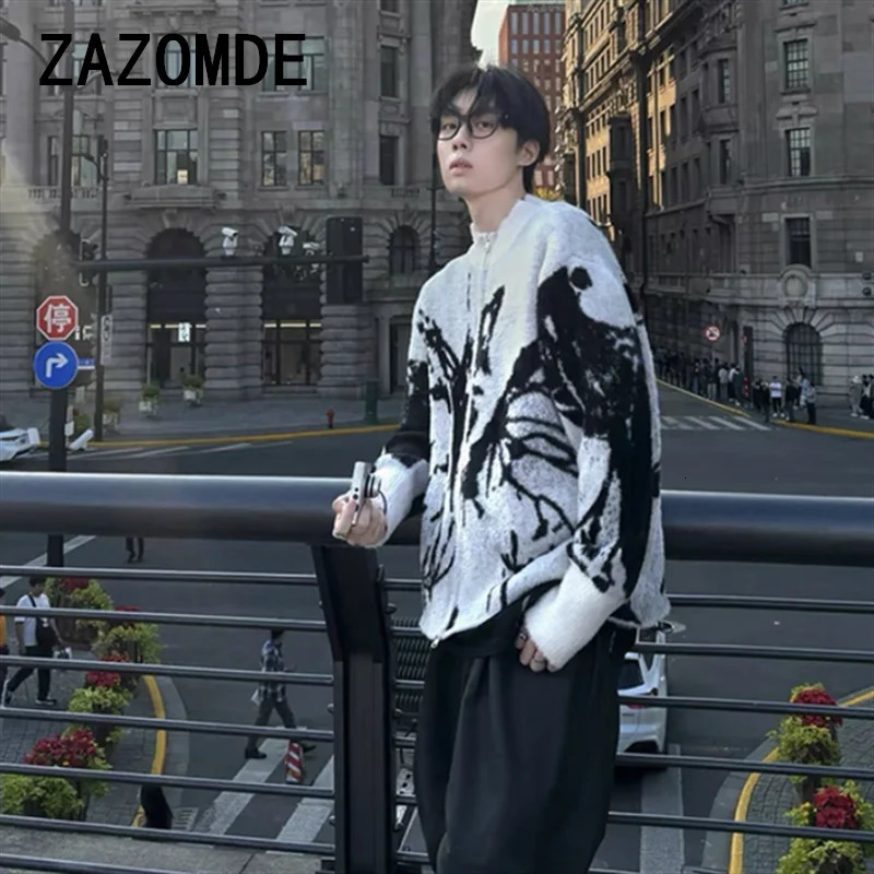 ZAZOMDE Men Sweater Cardigan Y2K Vintage Knitted Graffiti Butterfly Zip Up Jumpers Hip Hop Loose Double Zipper Punk Gothic Coat 251020