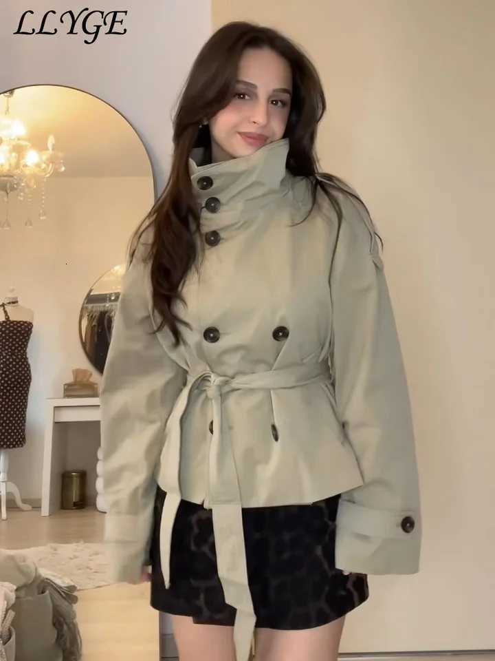 Elegant Womens Belt Cropped Trench Coats Stand Collar Double Breasted Full Sleeve Jacket 2025 Autumn Chic Commute Outwear New Y251105