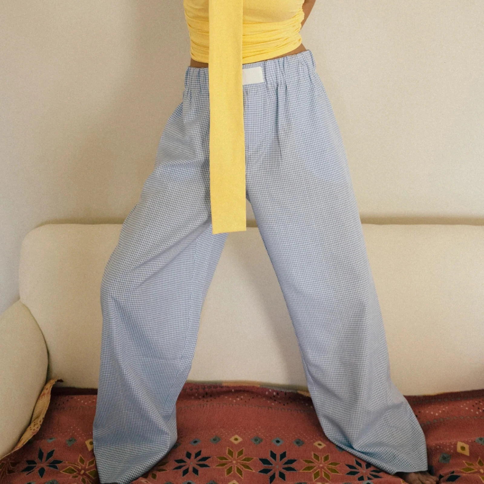 Gaono Pajama Pants Women Y2k Plaid Elastic High Waist Straight Wide Leg Lounge Pj Pants Soft Pajama Bottoms Sleepwear 251016