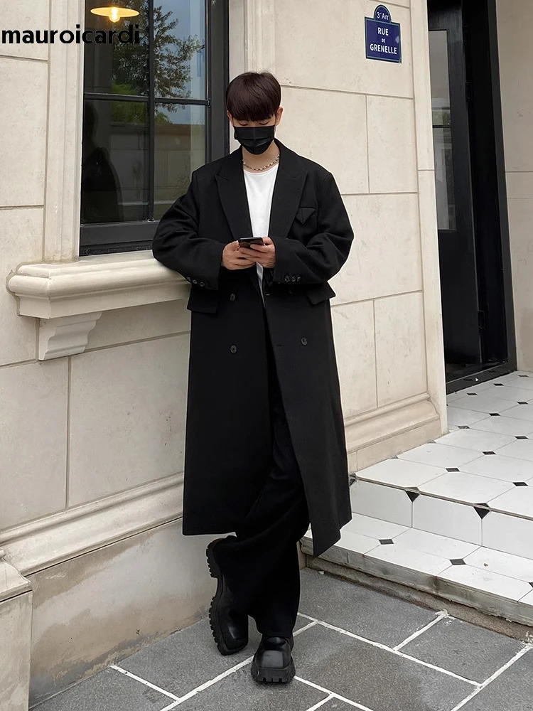 Mauroicardi Autumn Winter Long Warm Coffee Black Soft Woolen Coat Men Double Breasted Loose Casual Wool Blends Overcoat 2023 251017
