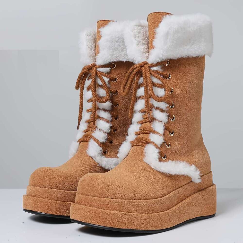 Fluffy Women Snow Double Platform Chunky Heels Lace Up Mid Calf Shoes Faux Furry Warm Punk Goth Christmas Boots
