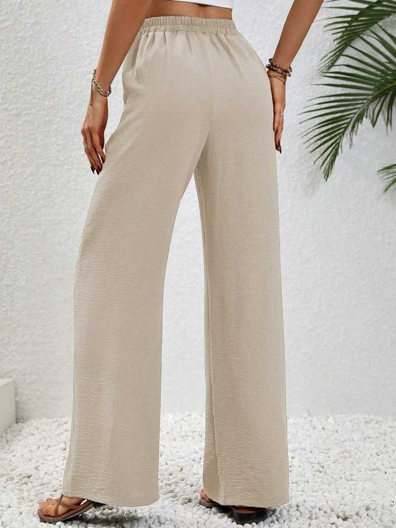 Womens Plain Pocket Tie Front Elastic Waist Straight Leg Pants Casual High Waist Wide Leg Trousers for Daily Wear Baggy PantsT251022