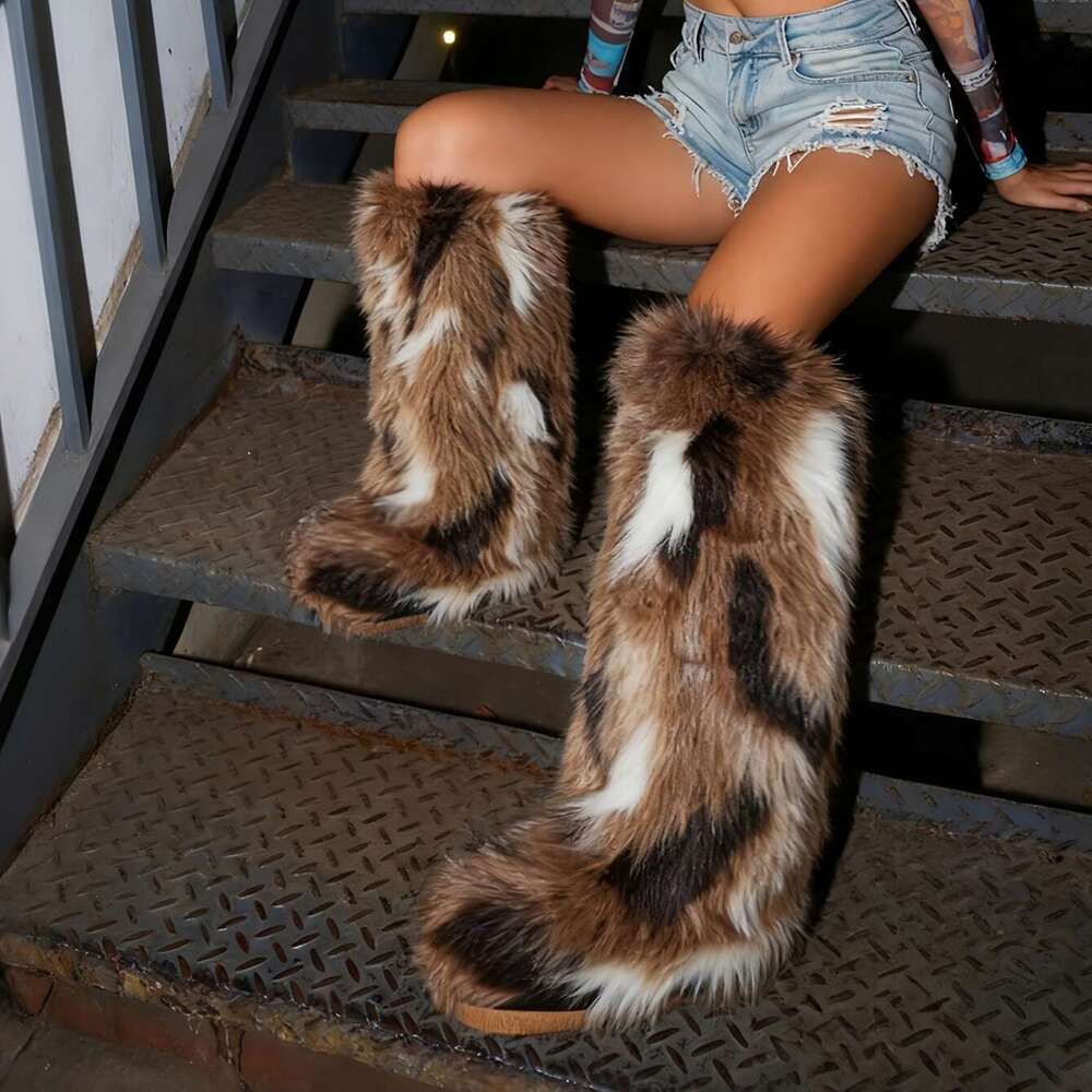 Women's Fluffy Faux Fur Knee-High With Plush Slip-Resistant Rubber Sole, Round Toe Arch Support, Warm Cozy Snow Boots For Casual & Formal Outfits